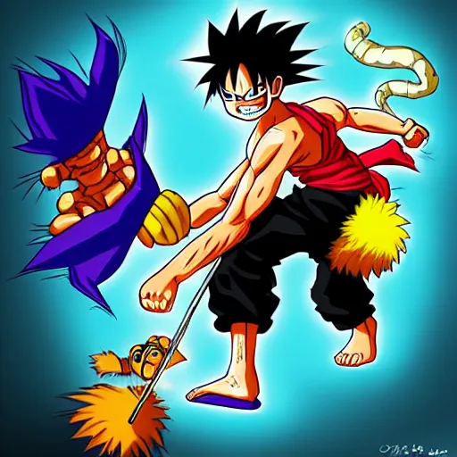 Image similar to “ ruffy from one piece fighting against son goku from dragon ball z, digital art ”