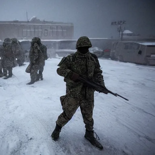 Prompt: multiple soldiers wearing arctic clothing, riot gear, in snow storm, apocalyptic.