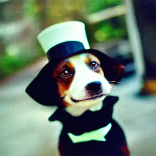 Prompt: photo of dog wearing top hat, Kodak Super 8, 8mm, full-HD