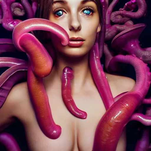 Prompt: flume_and_former_cover_art_future_bass_girl_unwrapped_statue_bust_curls_of_hair _petite_lush _body_photography_fungi shrooms gills growing high red eyes out_model_futuristic_material_simple_backgroundg