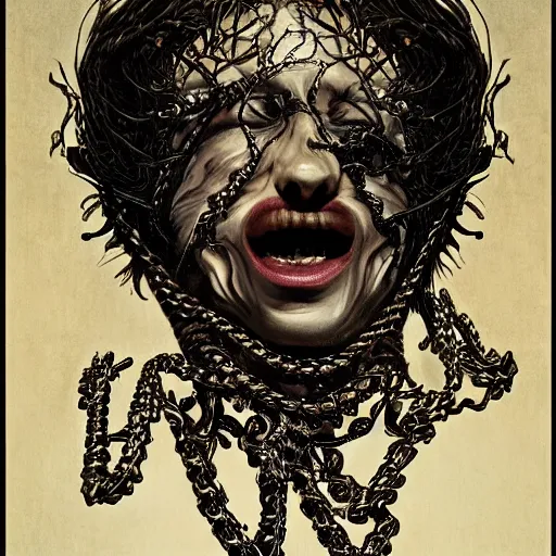 Prompt: Detailed maximalist portrait, exasperated expression, chains though flesh, highly detailed and intricate, surreal illustration in the style of Caravaggio, dark art, baroque,