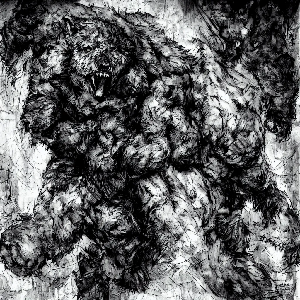 Image similar to large werebear in an alley, in the style of yoji shinkawa