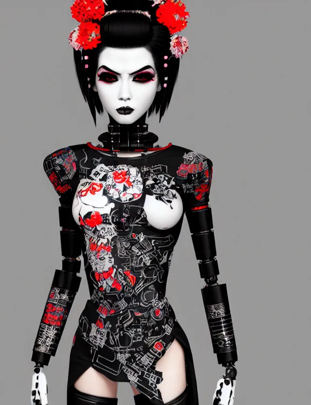 Image similar to full body portrait of a gothic style punk geisha robot with kanji tattoos and decals wearing a digital pixelated kimono, intricate design, photo - realistic, octane render, dark colour palette, ultra fine detailed, character design, trending on artstation