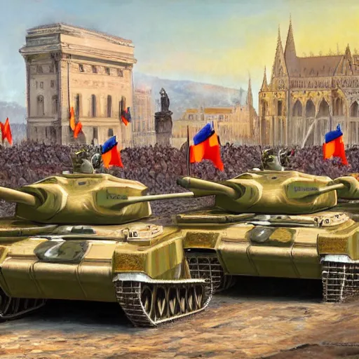 Image similar to army of the european union with tanks fighting on the streets of budapest 2 0 2 2, highly detailed oil painting