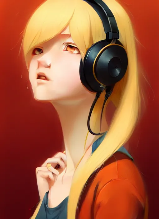 Image similar to ultradetailed beautiful panting of a stylish young lady wearing a brown foxgirl suit with headphones, dramatic, he has blond hair, distressed, volumetric light, by greg rutkowski, ilya kuvshinov, james jean, makoto shinkai, on artstation