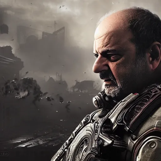 Prompt: salman rushdie in gears of war, splash art, movie still, cinematic lighting, ray tracing, octane render, long lens, shallow depth of field, bokeh, anamorphic lens flare, 8 k, hyper detailed, 3 5 mm film grain