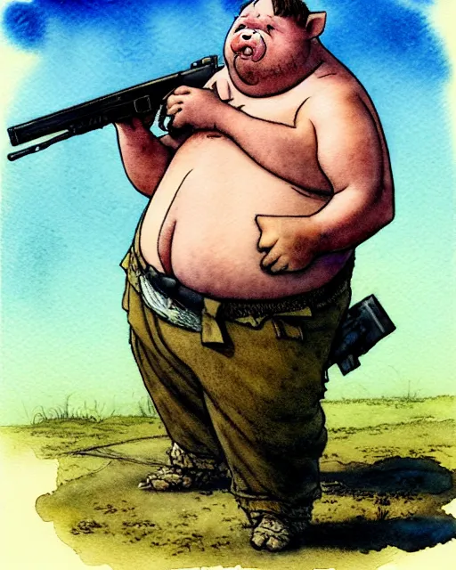 Image similar to a realistic and atmospheric watercolour fantasy character concept art portrait of a fat adorable dirty chibi pig wearing a wife beater and holding a rifle, by rebecca guay, michael kaluta, charles vess and jean moebius giraud