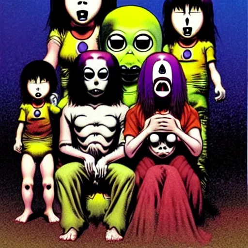 Prompt: a creepy family, by richard corben and takashi murakami