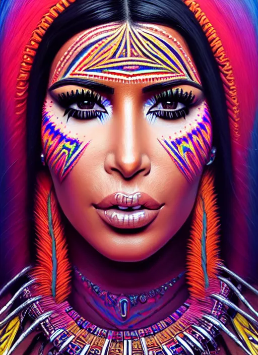 Image similar to portrait of kim kardashian, hyper detailed ultra sharp aztec shaman warrior. trending on artstation, warpaint aesthetic, bloodwave, colorful, psychedelic, ornate, intricate, digital painting, concept art, smooth, sharp focus, illustration, art by artgerm and greg rutkowski and h. r. giger, 8 k