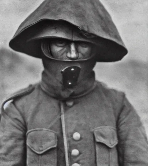 Image similar to a man at wearing iron full face hooded mask in distance, ww1 film photo, grainy, high detail, high resolution