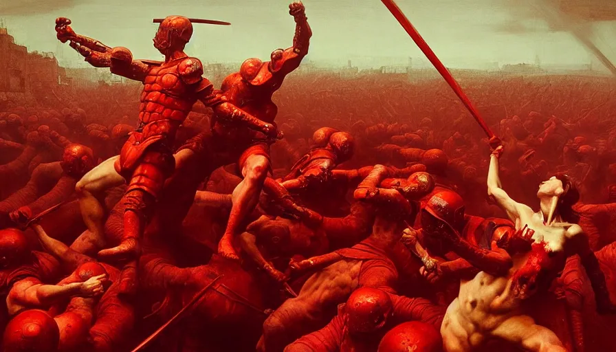 Image similar to only with red, bloody armored gladiator battle in a crowded roman amphitheatre, crowd cheering, in the style of beksinski and edward hopper and rodcenko and yue minjun and greg rutkowski, intricate and epic composition, red by caravaggio, highly detailed, masterpiece, red light, artstation, art nouveau