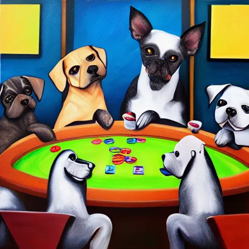 Prompt: abstract painting of dogs playing poker