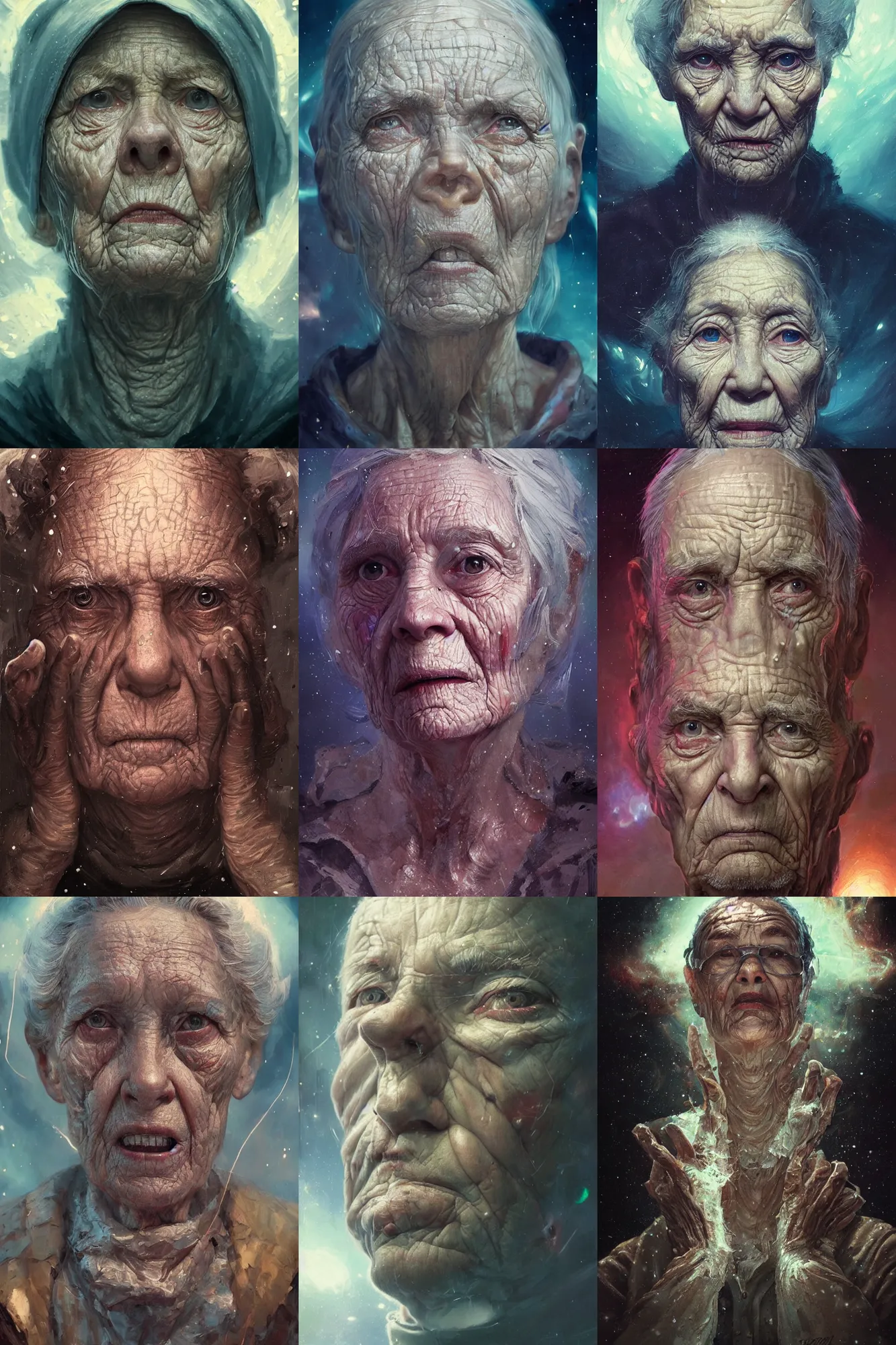 Prompt: the look of an elderly person with terrified look 4 1 6 0 full of wrinkles and imperfections by artgem and greg rutkowski, highly detailed, high contrast, light reflection, trippy, nebula, trending on artstation