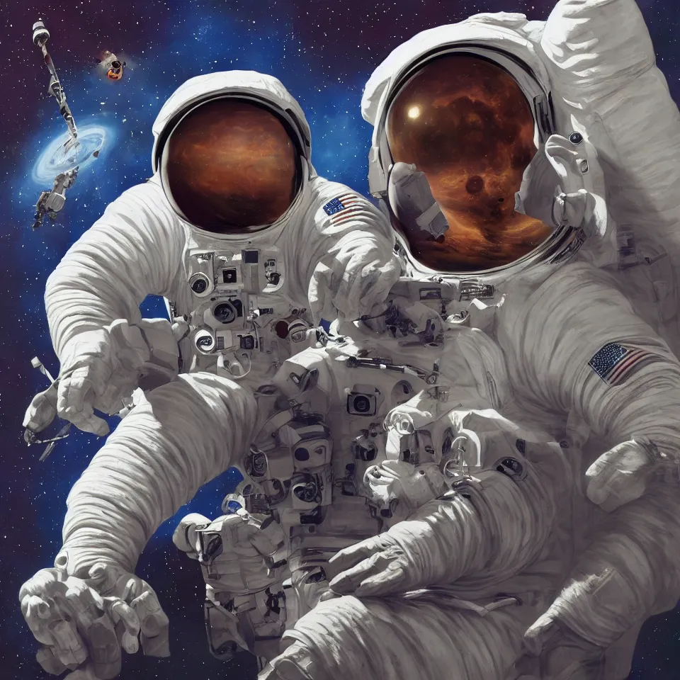 Image similar to one astronaut with headphone playing keyboard in the space, digital painting, digital art, illustrated by alex ross