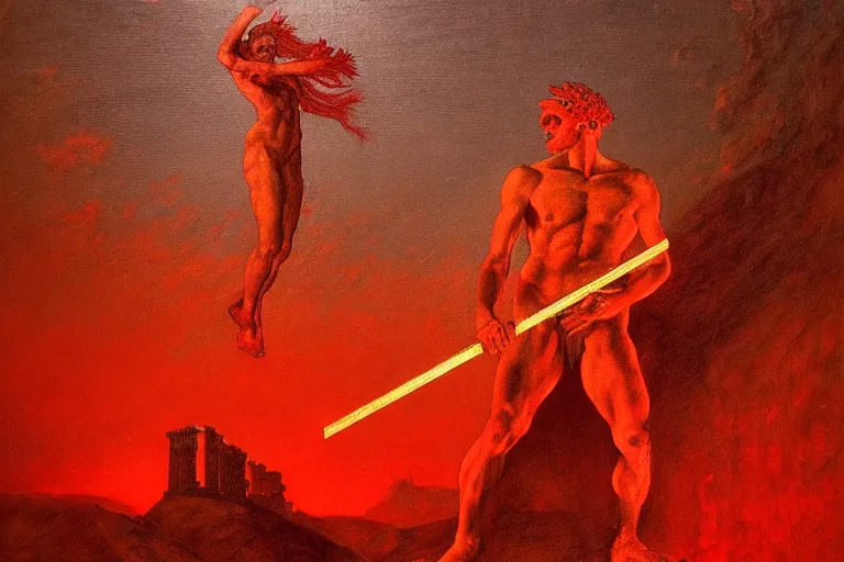 Image similar to only with red, a red melted apollo with a laurel wreath and a flaming sword announce the win, athens in the background, pathos, in the style of beksinski, part by hopper, part by rodcenko, part by hofbauer, intricate composition, red by caravaggio, insanely quality, highly detailed, masterpiece, red light, artstation, 4 k