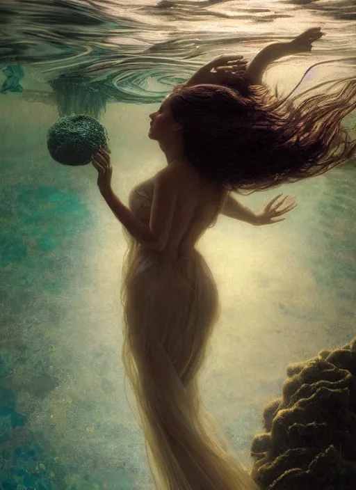 Prompt: hyper realist matte digital painting of a beautiful woman, beautiful face, underwater photography, full body, jugendstill, floating in water, flowing gown, bubbles rising, seaweed, headspace, fairytale, fantasy art, photo realistic, dynamic lighting, artstation, volumetric lighting, by mucha, by charlie bowater, by karol bak, by alma tadema