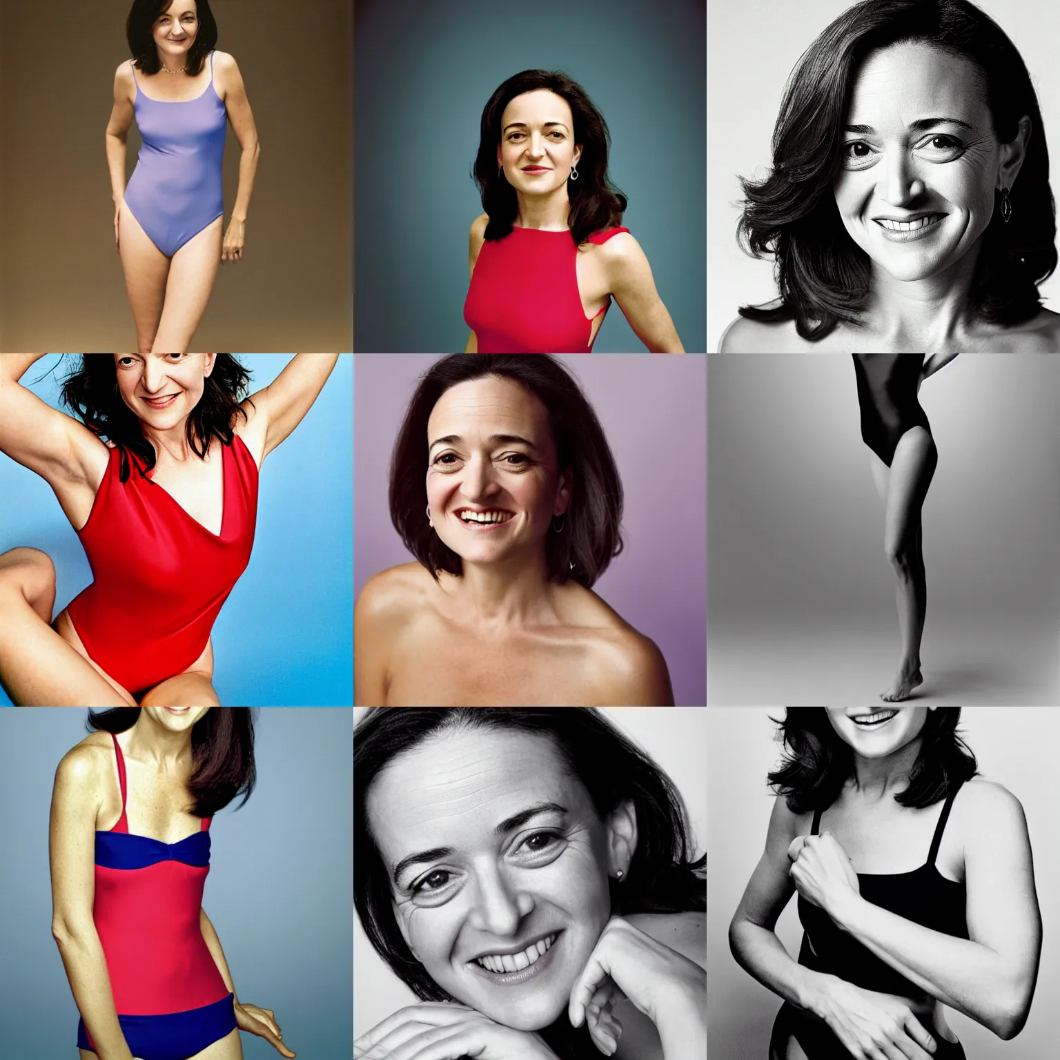 Prompt: Photo of Sheryl Sandberg in swimsuit, soft studio lighting, photo taken by Martin Schoeller for Calvin Klein, award-winning photograph, 24mm f/1.4