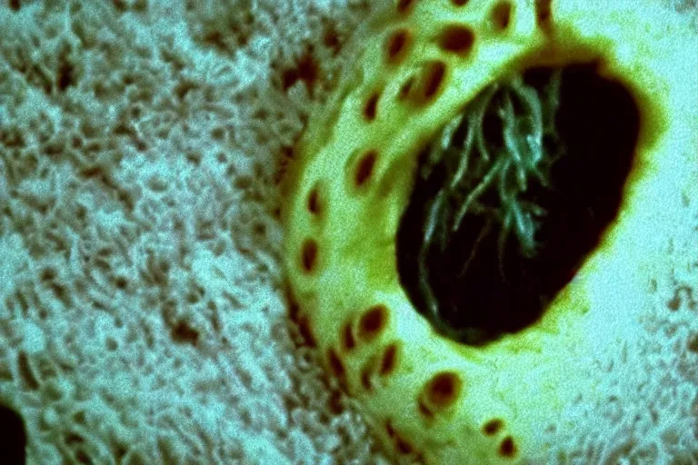 Image similar to scary filmic closeup color ground level angle movie still 35mm film color photograph of a shape shifting abstract alien organism from The Thing 1982 spewing swirling slimey tendrils inside of a child's bedroom, in the style of a horror film