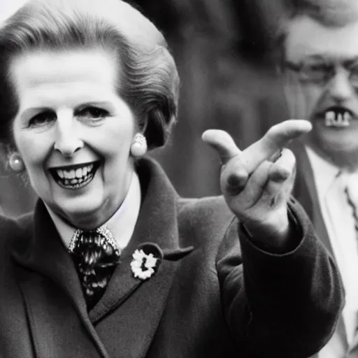 Prompt: margaret thatcher pointing and laughing at coal miners