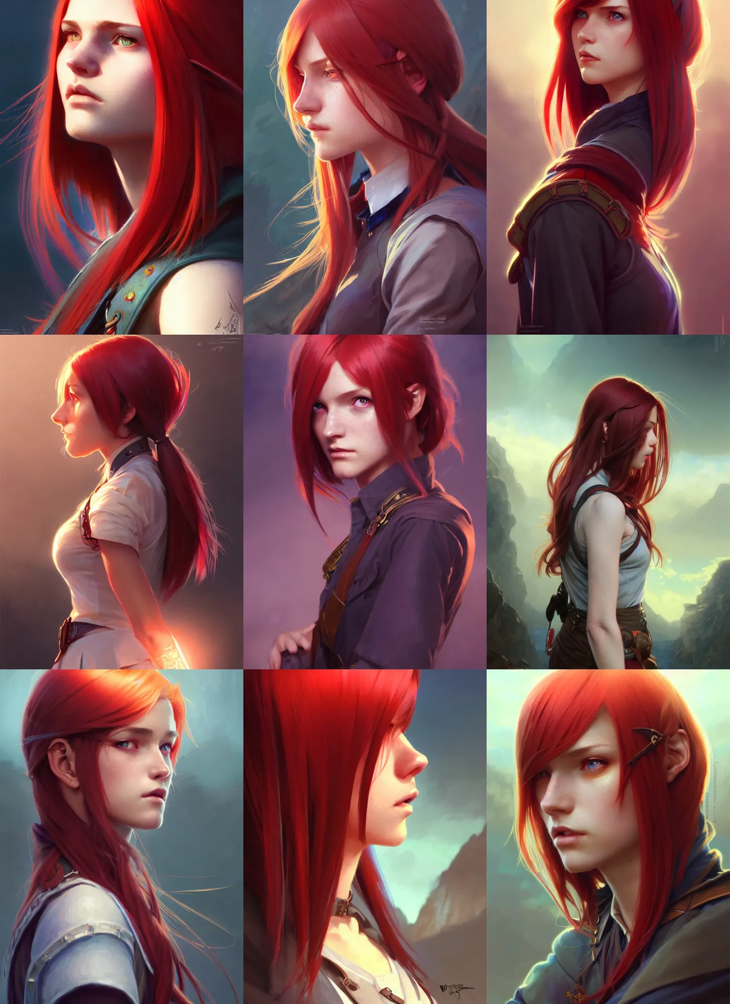 Prompt: side portrait rugged adventurer female, magic school uniform, dnd fantasy magic, long bob cut hairstyle, iridescent red hair, cinematic rim light, intricate, elegant, sharp focus, illustration, highly detailed, digital painting, concept art, matte, art by wlop and artgerm and greg rutkowski and alphonse mucha, masterpiece