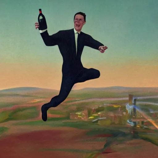 Prompt: artistic rendition of a man jumping in the while holding a bottle, futurism