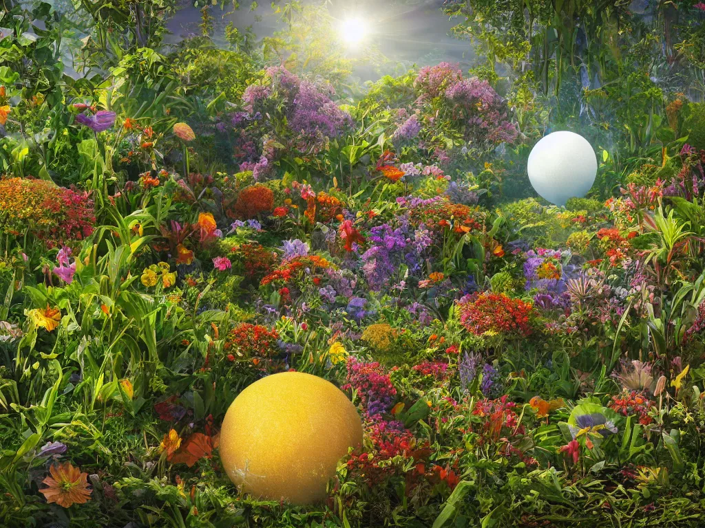 Prompt: sunlight study, the universe is a spheroid region 7 0 5 meters in diameter, art nouveau, kauai wildflower undergrowth, by jan davidz de heem and ( ( ( ( ( lisa frank ) ) ) ) ), 8 k, sharp focus, octane render