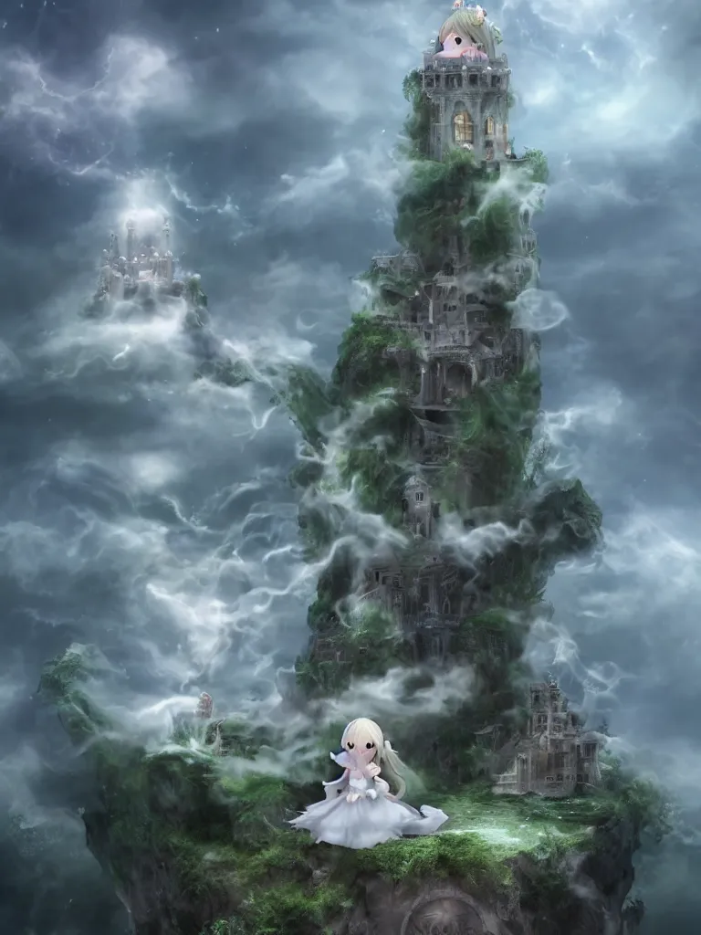 Prompt: cute fumo plush of a princess girl in a tower on a tiny island which she lays sole claim to, selfish empress of the abyss, tempestuous waters and thunderclouds, wisps of volumetric smoke and fog, gothic wraith maiden in tattered white dress, floating island, vignette, vray