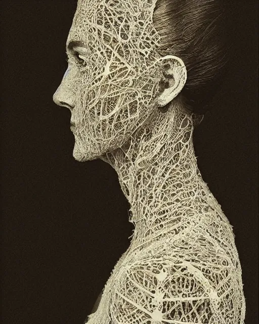 Image similar to a woman's face in profile, made of intricate decorative lace leaf skeleton, in the style of the dutch masters and gregory crewdson, dark and moody