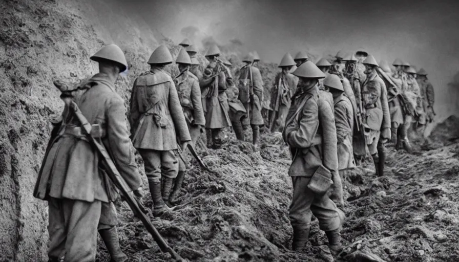 Image similar to World War 1 soldier ghosts in abandoned trenches, cinematic lighting, IMAX cinematography