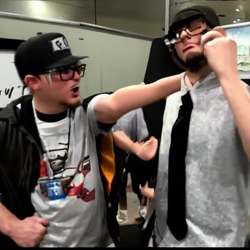 Image similar to a stereotypical nerd rap battles a stereotypical gamer geek at a convention, hd, standoff