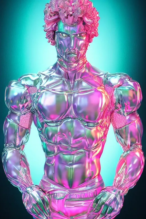 Prompt: hyper detailed ultra sharp fullbody photo of baroque and cyberpunk transparent pink gem sculpture of a muscular seductive muscular italian man feeling muy cachondo, muy dotado, iridescent humanoid deity wearing pink plastic seethrough cloak, holding a rainbow tiger gem, blue diamond, glowing pink face, crown of white diamonds, cinematic lighting, photorealistic, octane render 8 k