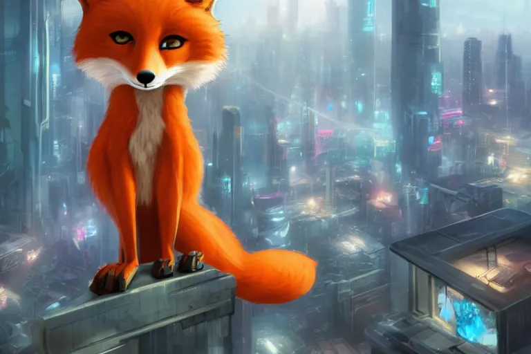 Image similar to an anthropomorphic fox with a fluffy tail staring over a futuristic city from the top of a roof, comic art, trending on furaffinity, cyberpunk, backlighting, cartoon