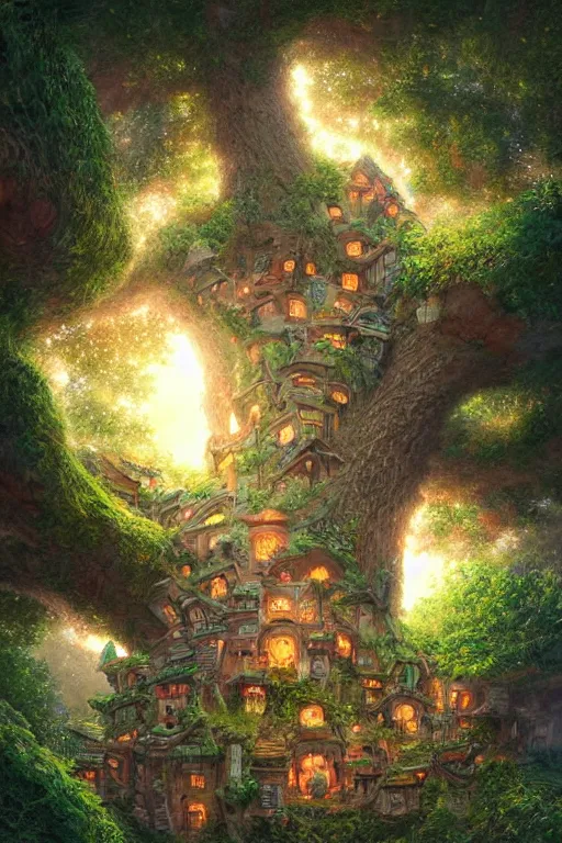 Prompt: a miniature city built into the trunk of a single colossal tree in the forest, with tiny people, in the style of marc simonetti, lit windows, close - up, low angle, wide angle, awe - inspiring, highly detailed digital art