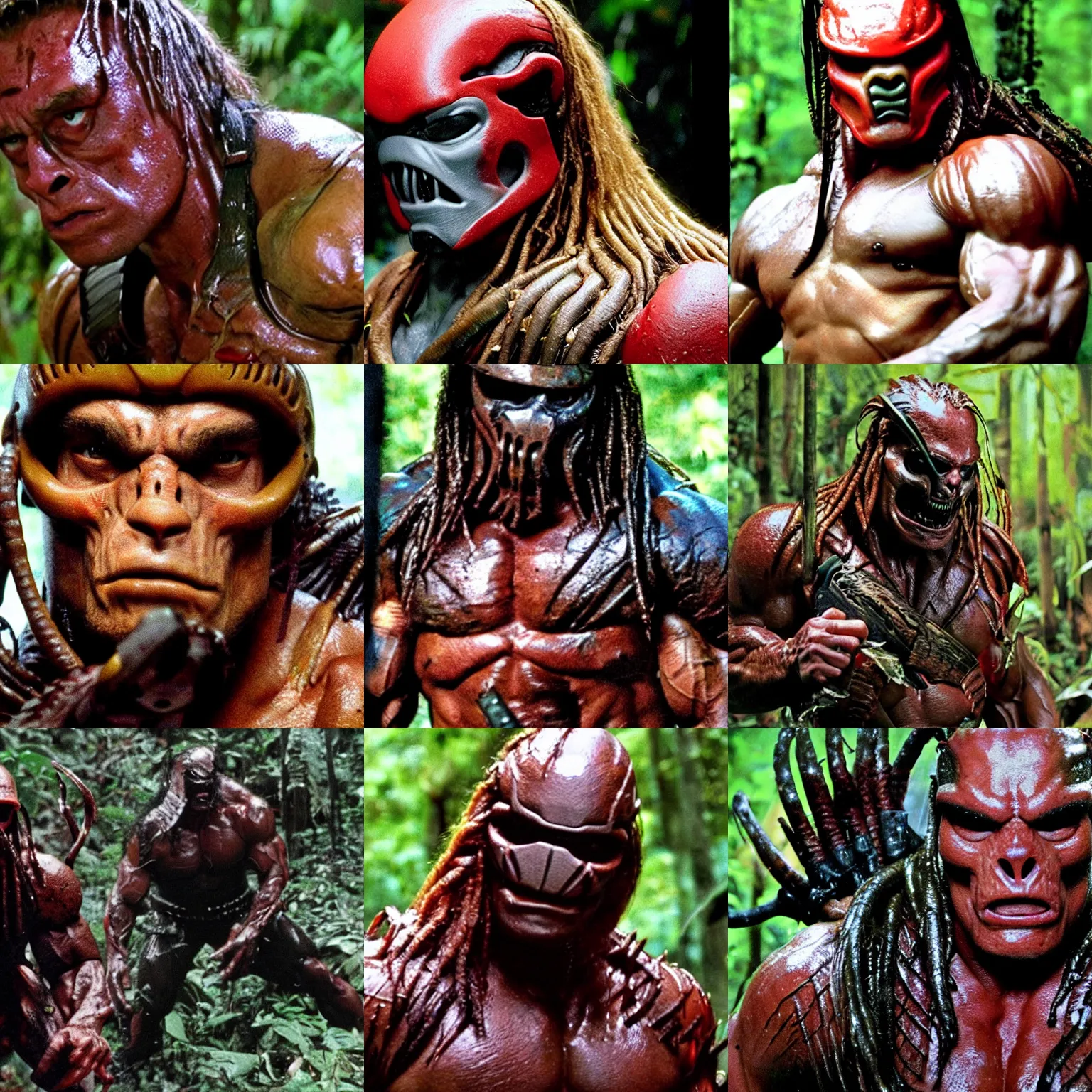 Prompt: cllose up arnold schwarzenegger in predator costume , close up detailed movie still from the predator in the jungle