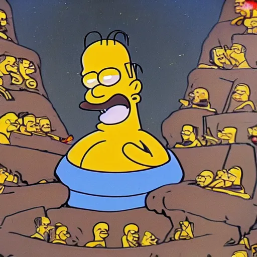 Prompt: Cave art of Homer Simpson leading an occult ritual, 4k, highly detailed, 1952