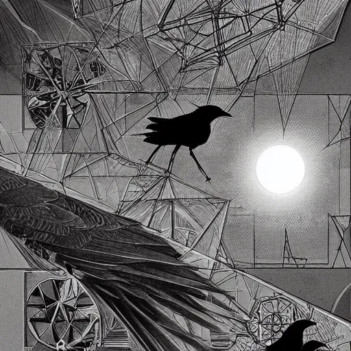 Image similar to crows at a architectural complex with an occult witch by Android Jones and M. C. Escher collaboration, futurist, digital art, dramatic lighting, symbolic