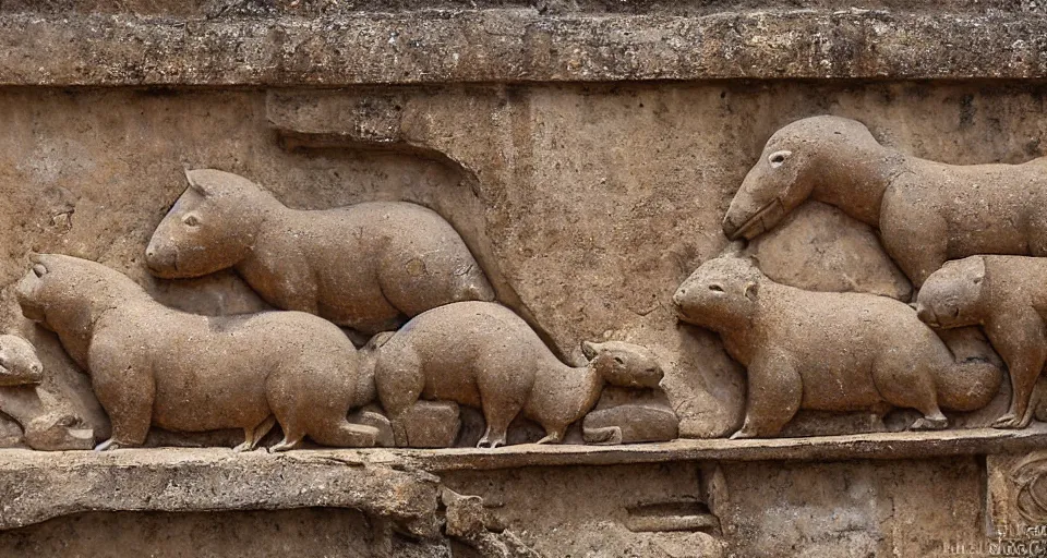 Prompt: Stone bas-relief of majestic Capybaras, on wall of Sri Dalada Maligawa Kandy, Sri Lanka