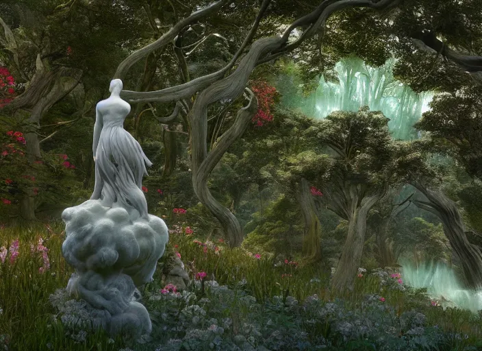 Prompt: idealistic marble statues with fractal flowery hair, seen from behind, in a magical forest, painted by, mc escher, gordon onslow ford, georgia o'keeffe and ivan aivazovsky, cinematic light, god rays, colourful, unreal engine, zbrush central,