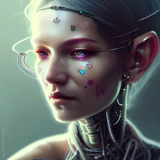 Image similar to cyberpunk robotic elvish queen, extremely detailed, hyperrealistic, intricate, soft light, fantasy, digital painting, art station, perfect faces, fine details, by wlop