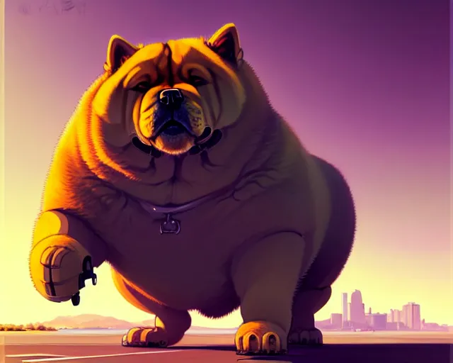 Image similar to robot shaped like a chow chow, hyper - realistic, gta v cover art, celshading, sharp focus, intricate, detailed, rhads, andreas rocha, makoto shinkai, lois van baarle, ilya kuvshinov, greg rutkowski, dynamic lighting, grunge aesthetic, 4 k