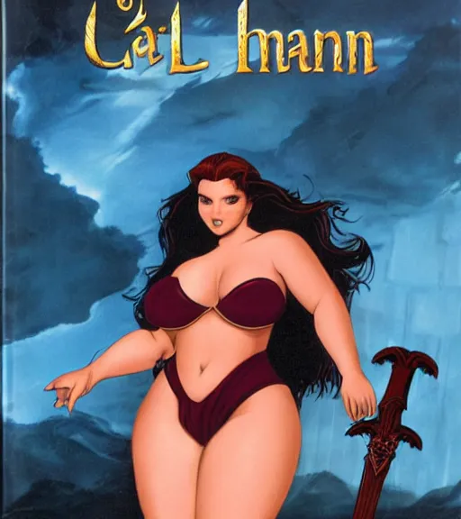 Prompt: 1 9 8 0 s fantasy novel book cover, bbw plus size amazonian ariel winter in extremely tight bikini armor wielding a cartoonishly large sword, exaggerated body features, dark and smoky background, low quality print