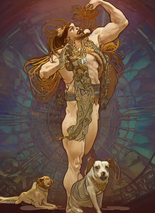 Image similar to beautiful illustration of a dog as a god with alphonse mucha and craig mullins, gorgeous, amazing, flowing hair, muscular, very muscular male body, in the style abigail larsonand and sam guay, rim light, beautiful lighting, 8 k, stunning scene, octane, trending on artstation