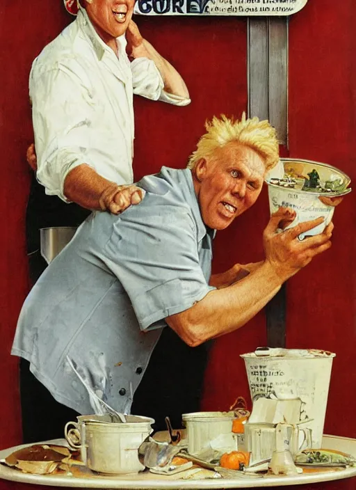 Prompt: gary busey spills his soup, by norman rockwell and tom lovell and frank schoonover and dean cornwell