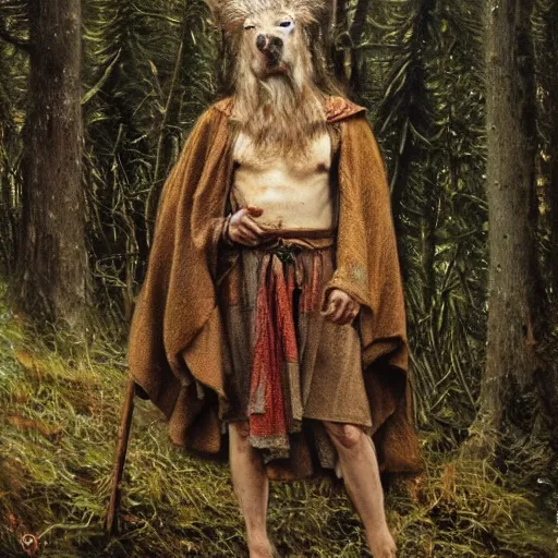 Image similar to slavic dog head man, woolen torso in medieval clothes, hiding in the forest, orthodox saint christopher, art by luis royo, oil painting, painting by viktor vasnetsov, concept art, hyperrealism, beautiful, high resolution, trending on artstation,