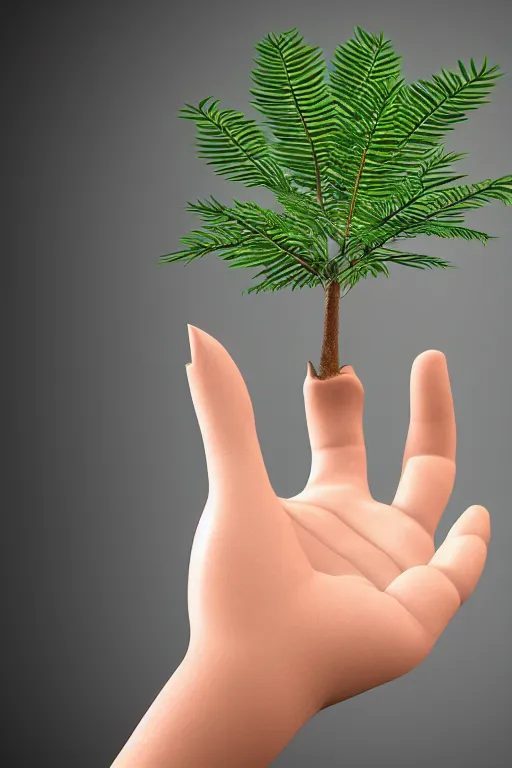 Image similar to hyper realistic beautiful detailed image of a human's palm hand with a tree growing on, white background, photorealistic, 4 k