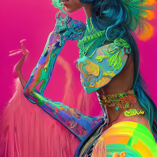 Image similar to a photograpic portrait of a anthropomorphic mimosa wearing colorful neon clothes, fantasy, intricate, elegant, highly detailed, digital painting, artstation, concept art, smooth, sharp focus, illustration, art by artgerm and H R Giger and alphonse mucha