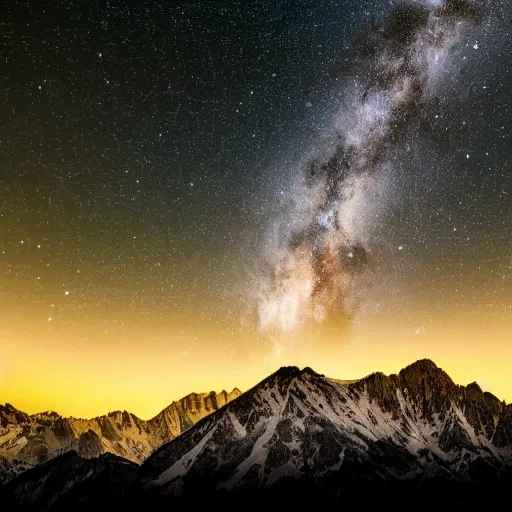 Prompt: long exposure photograph of milky way set behind mountains, highly detailed, long lens, 4 k