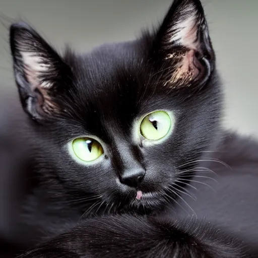 Image similar to black kitten with! beautiful green eyes! laying on it ‘ s back showing it ‘ s fluffy belly while looking at the camera, photorealistic, anatomically correct, defined face, sharp focus, 4 k, beautiful,