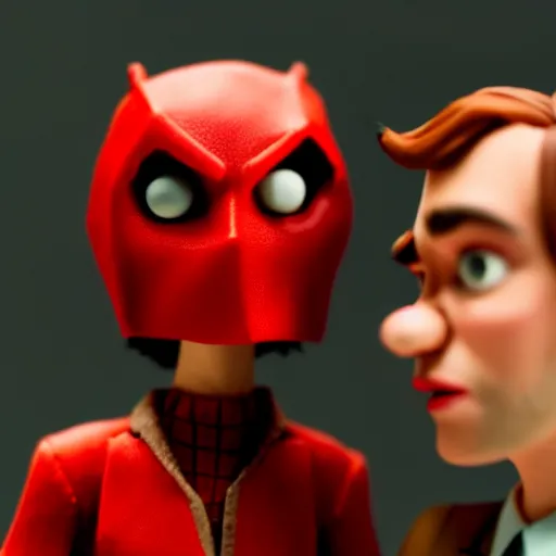 Image similar to a cinematic film still of a claymation stop motion film starring emma stone as red hood and andrew garfield as wolf, brunette hair, shallow depth of field, 8 0 mm, f 1. 8