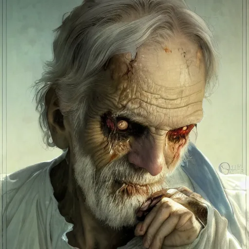 Image similar to elderly zombie man staring into an infinite mirror, intricate, art by artgerm and greg rutkowski and alphonse mucha and william - adolphe bouguereau, high detailed, 4 k,